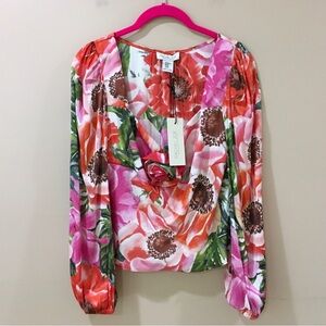 rachel zoe Top Blouse womens Size Xs Satin Floral 3D Orange Pink Sweetheart